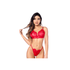 Ensemble sexy 3 pièces peek-a-boo en dentelle avec string et porte-jarretelles 